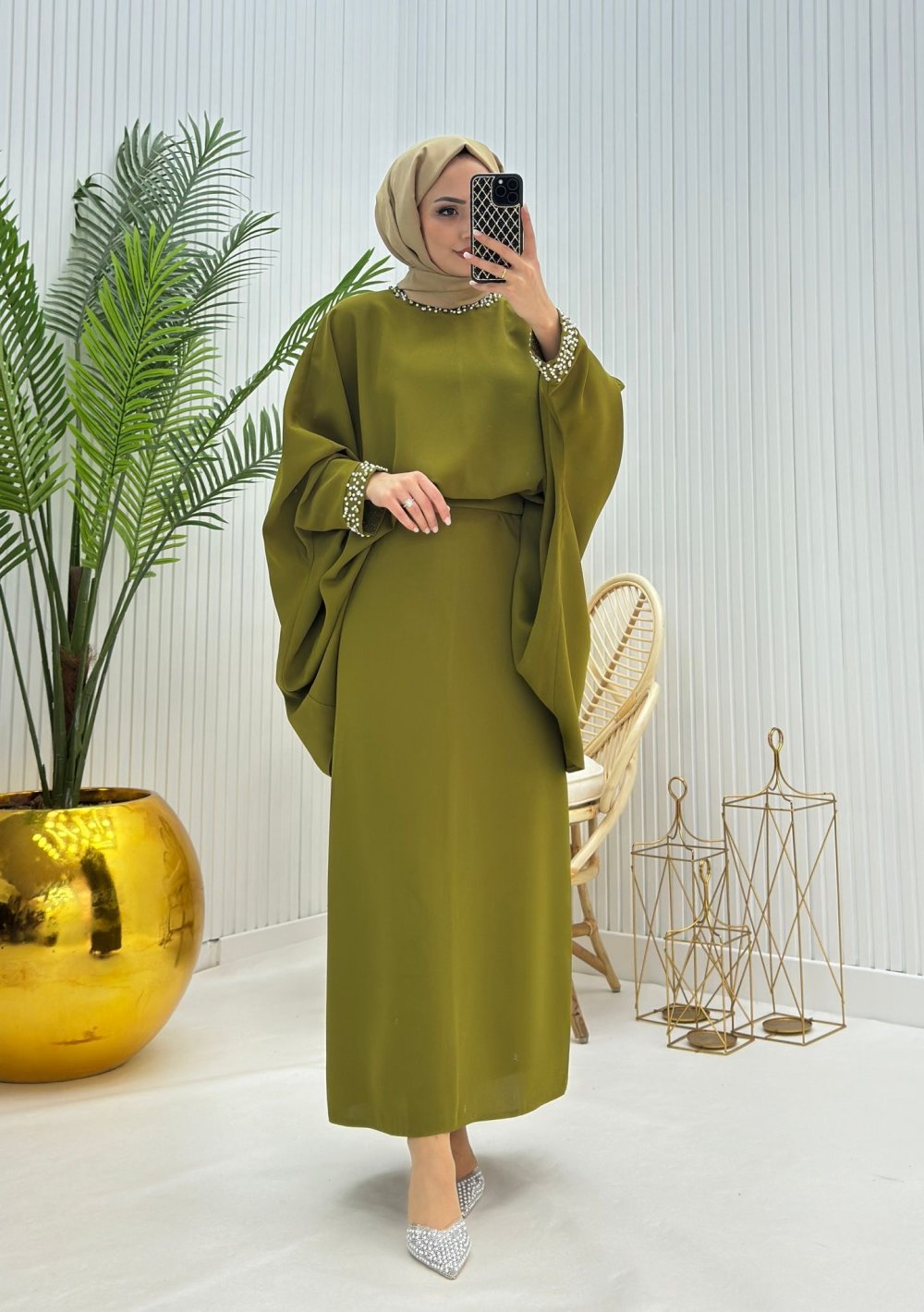 İnci Tesettür Takım Yağ Yeşili Yağ Yeşili