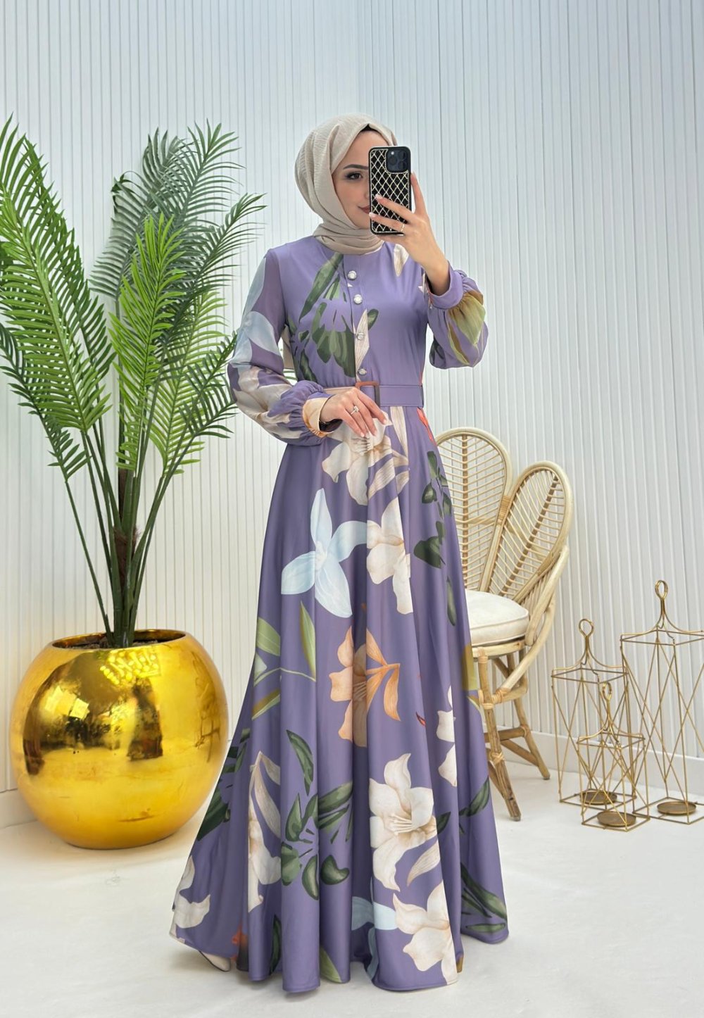 Mimoza Tesettür Elbise Lila Lila