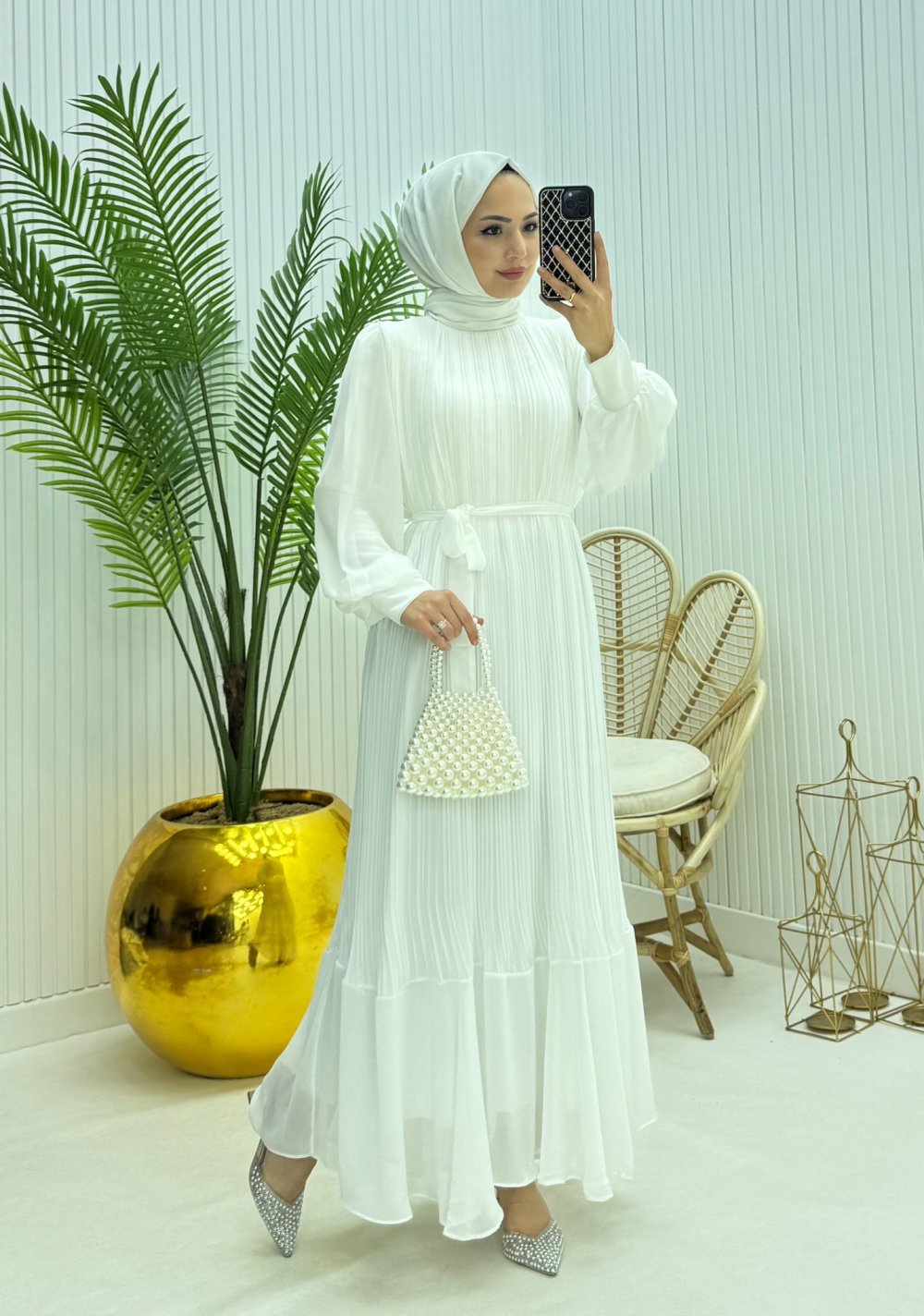 Pera Tesettür Elbise Beyaz Beyaz