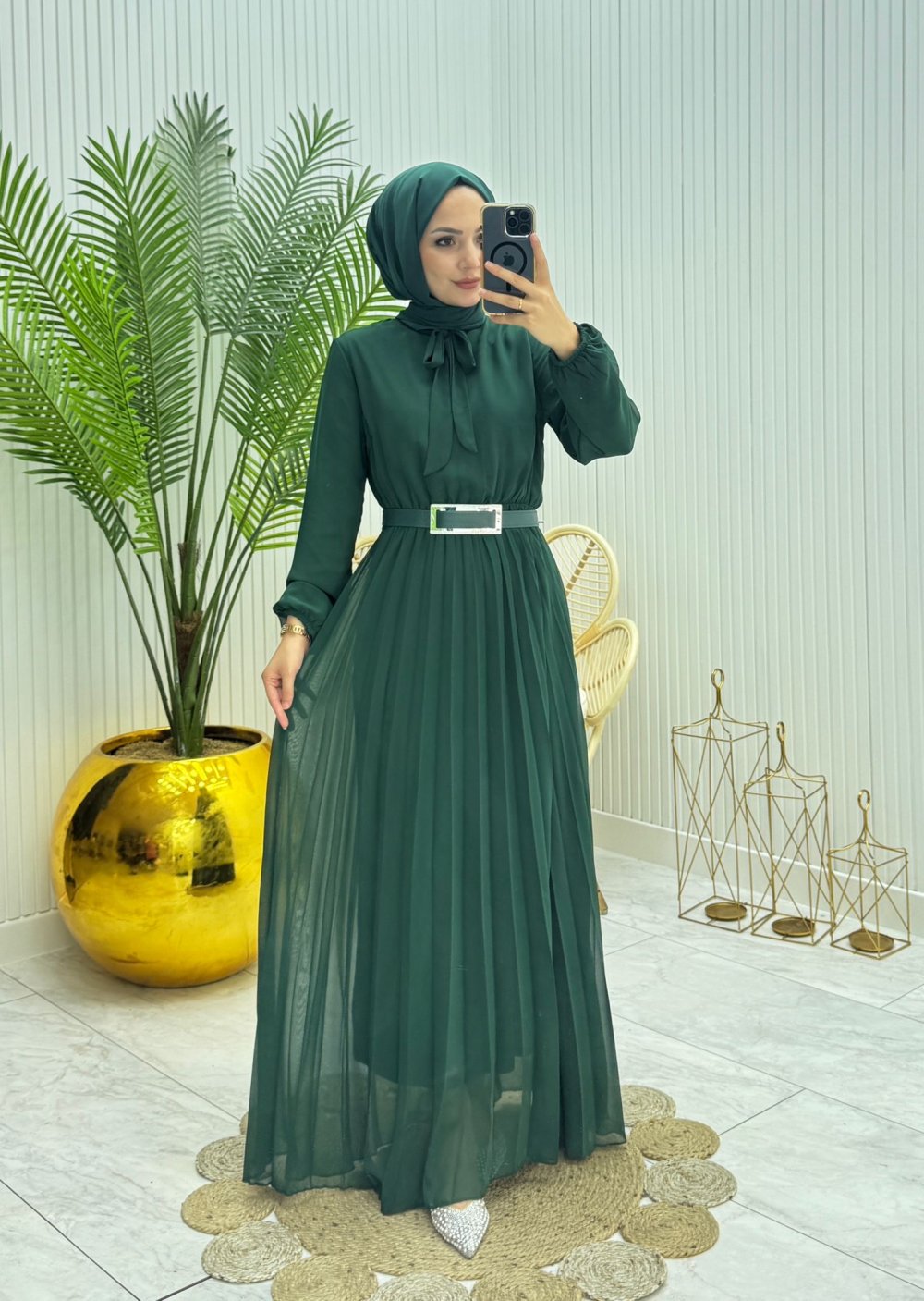 Piliseli Şifon Elbise Zümrüt  Zümrüt