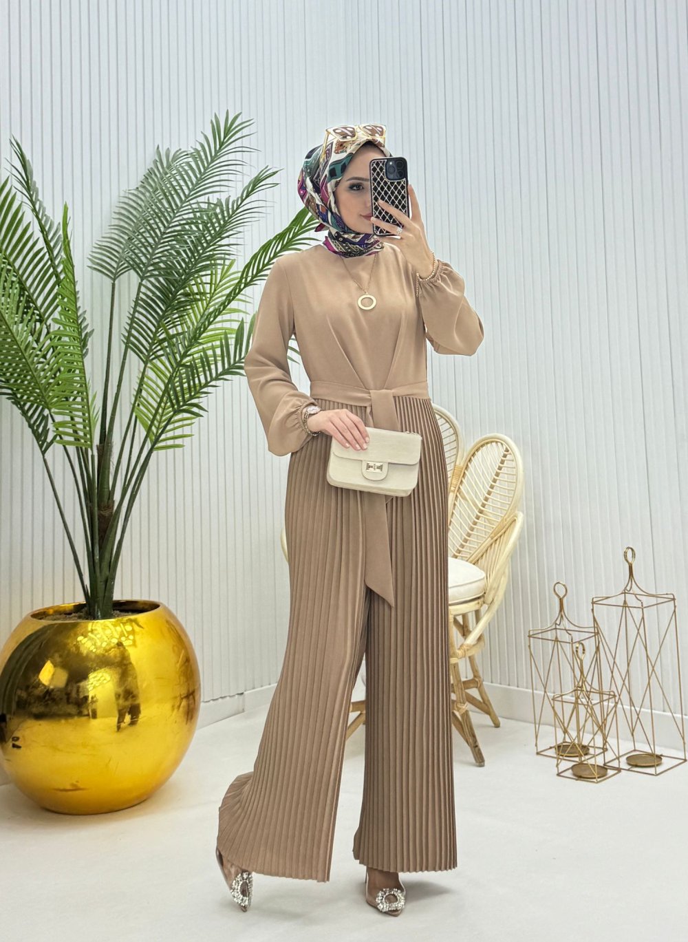 Piliseli Tesettür Tulum Vizon Vizon