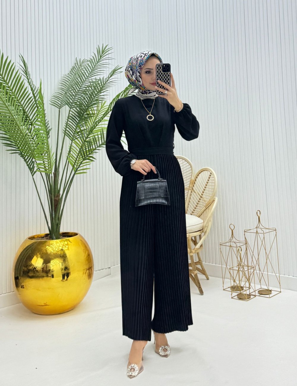 Piliseli Tesettür Tulum Siyah Siyah