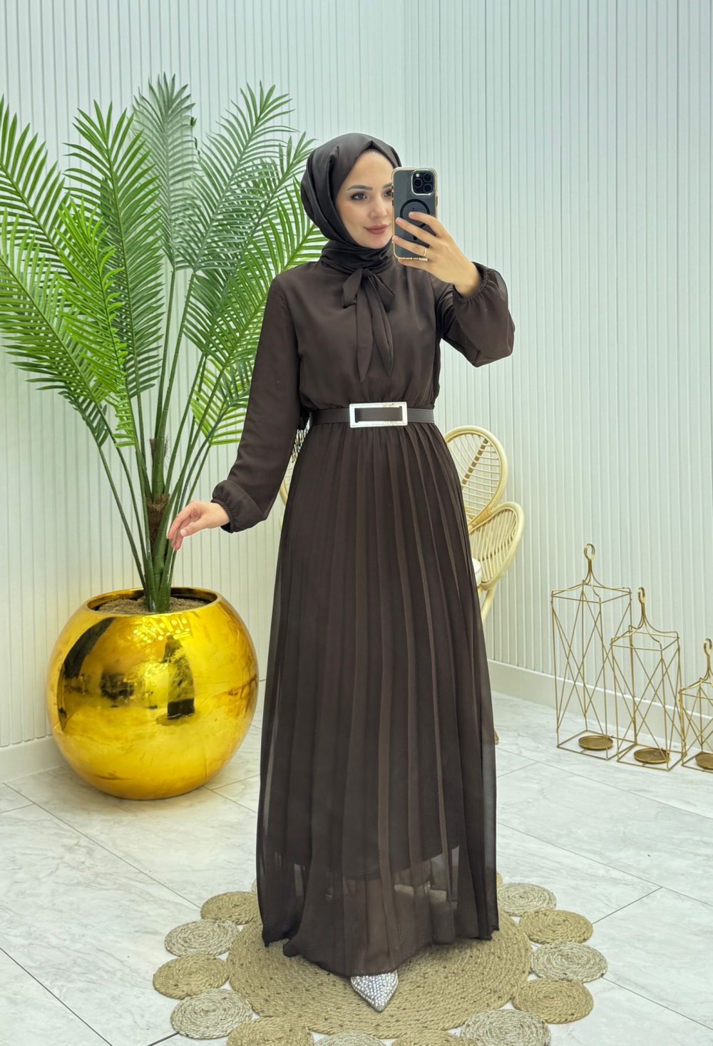 Piliseli Tesettür Elbise Kahverengi  Kahverengi