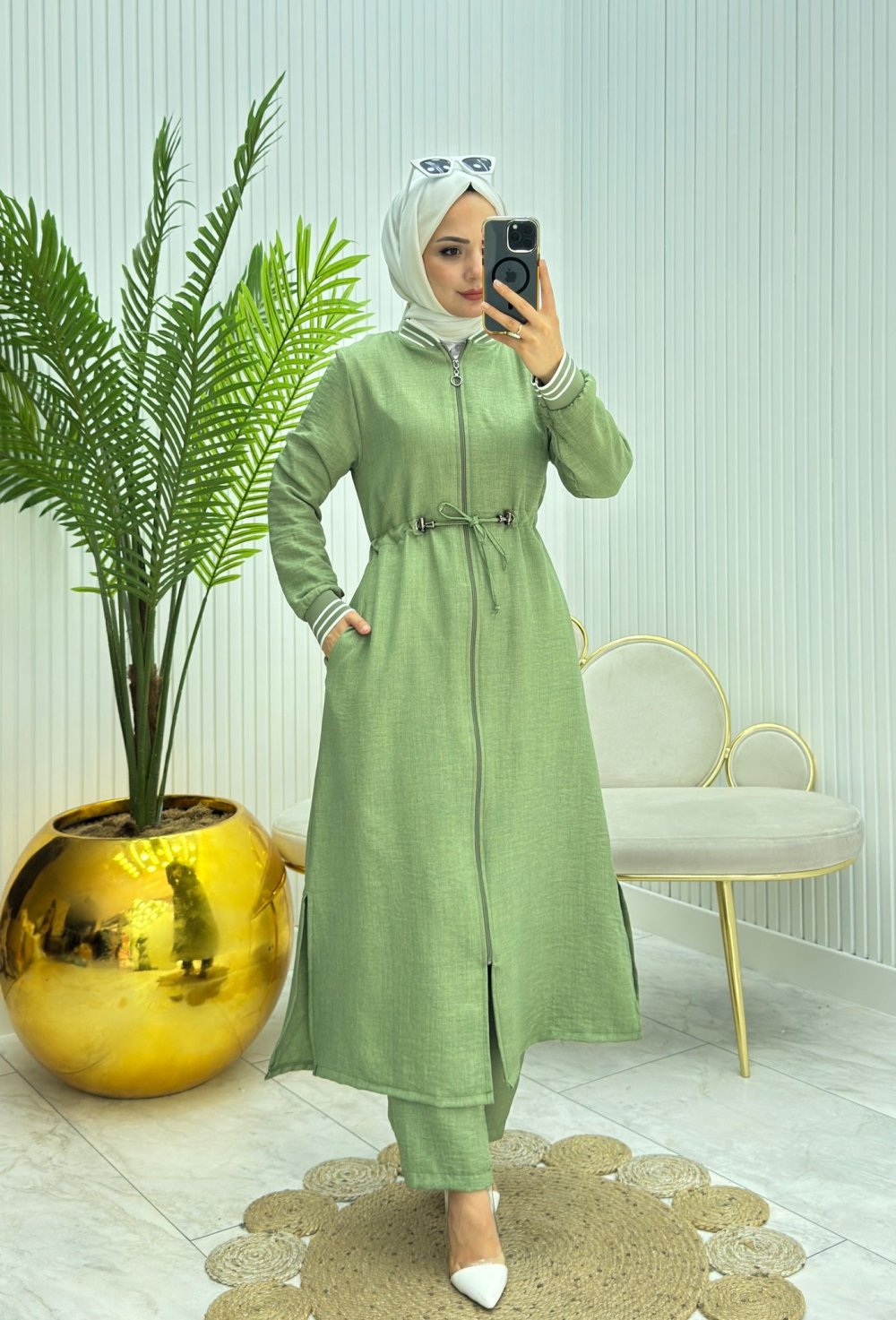 Ribanalı Tesettür Takım Haki Haki