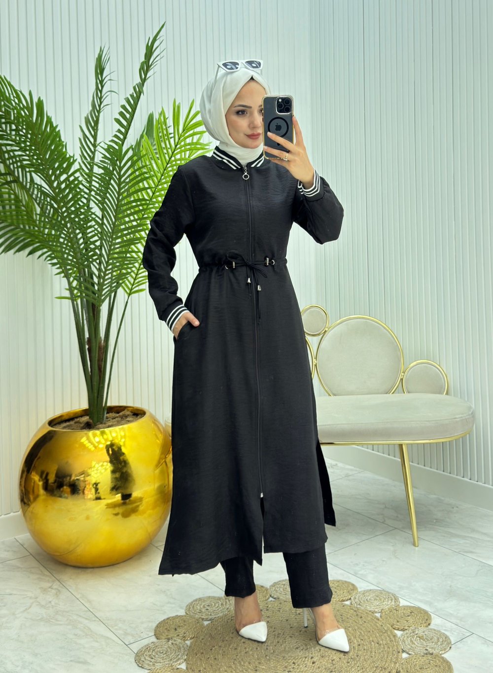 Ribanalı Tesettür Takım Siyah Siyah